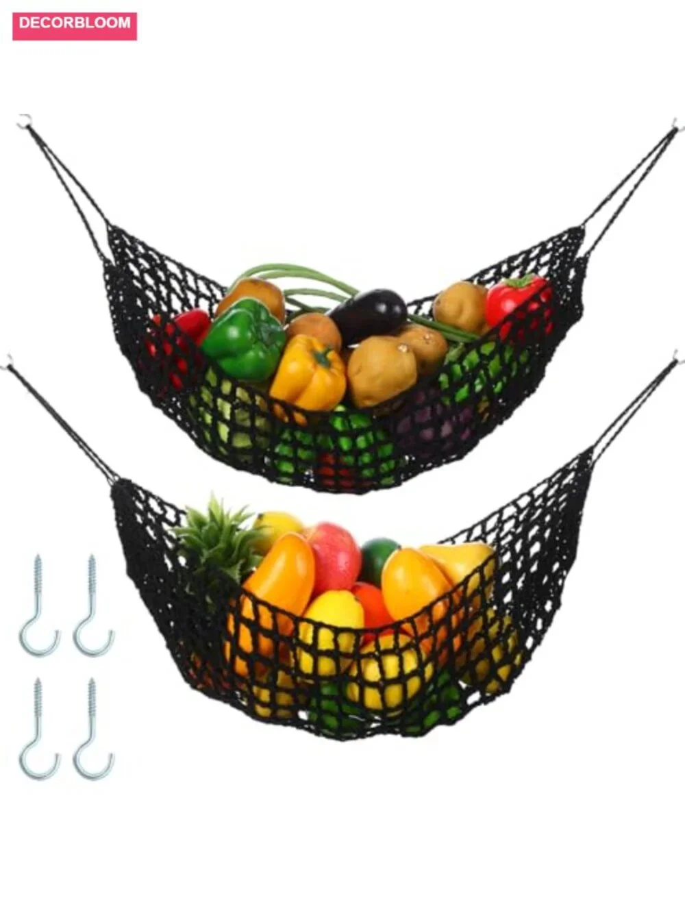 2 Pcs Large Macrame Fruit Hammock Under Cabinet Hanging Basket Handwoven